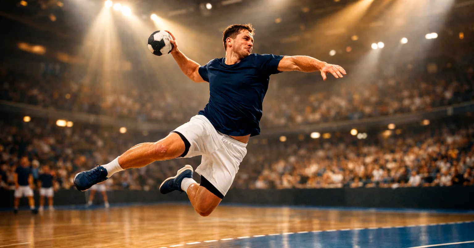 Handball Champions League Spielszene in einer großen Arena mit Flutlicht