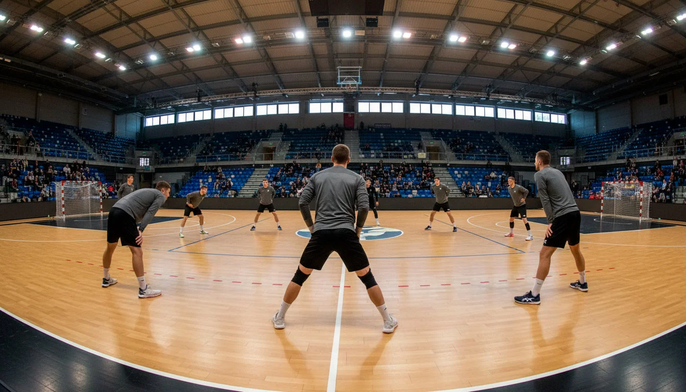 Handball-Mannschaften beim Aufwärmen vor einem EHF Champions League Spiel
