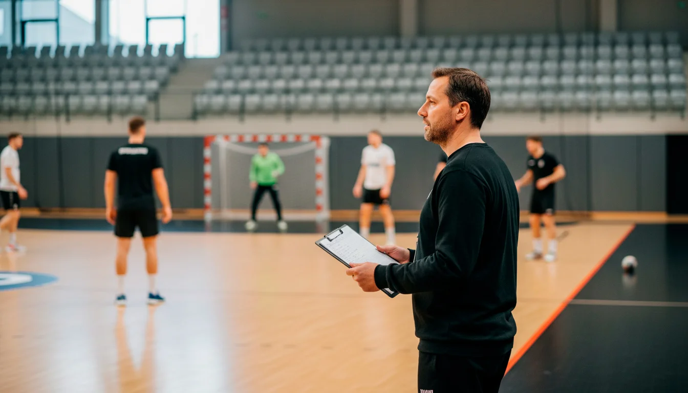 Handball-Trainer analysiert Spielnotizen am Spielfeldrand