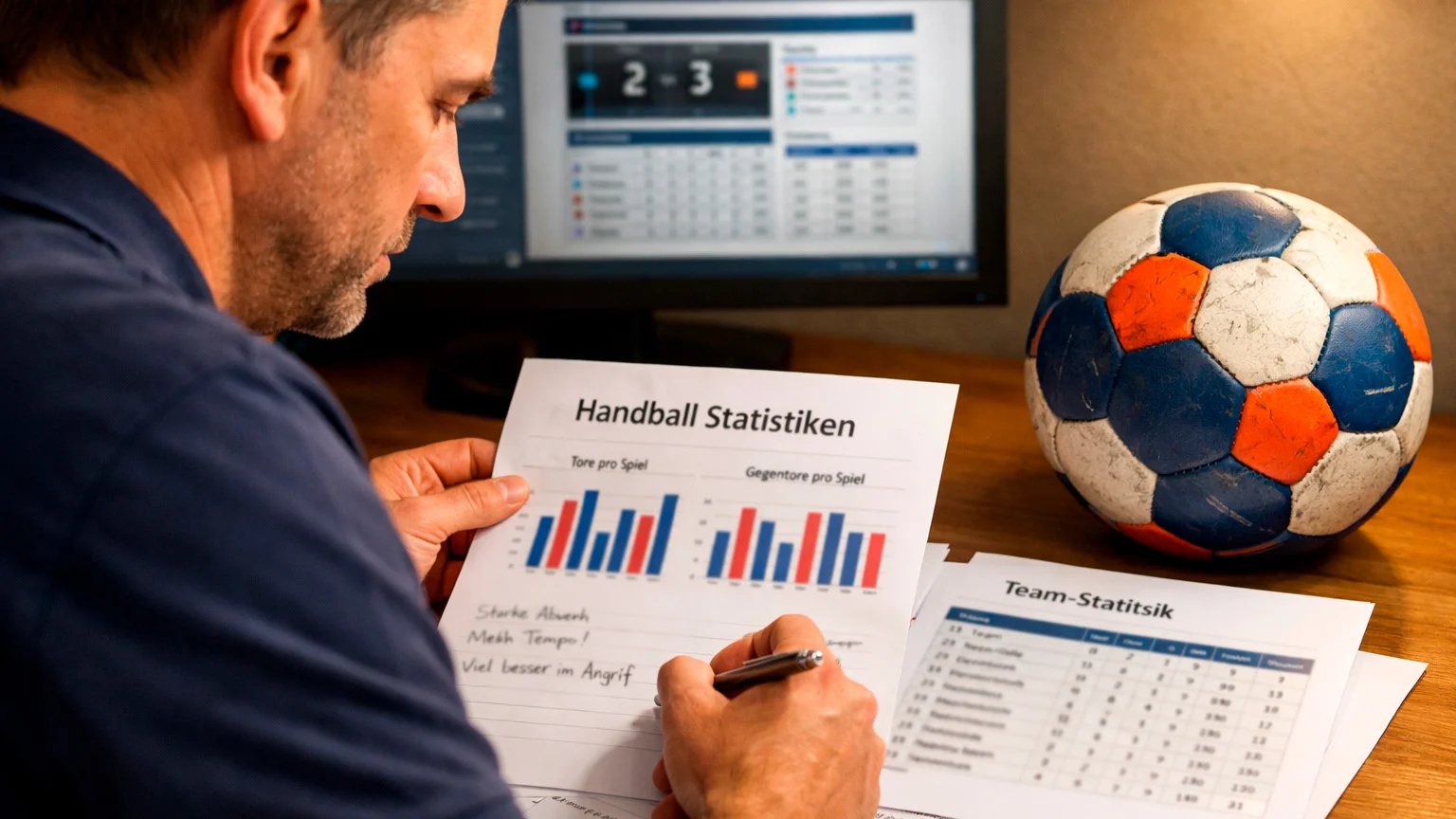 Person analysiert Handball-Quoten und Wettstrategien an einem Schreibtisch mit Notizen