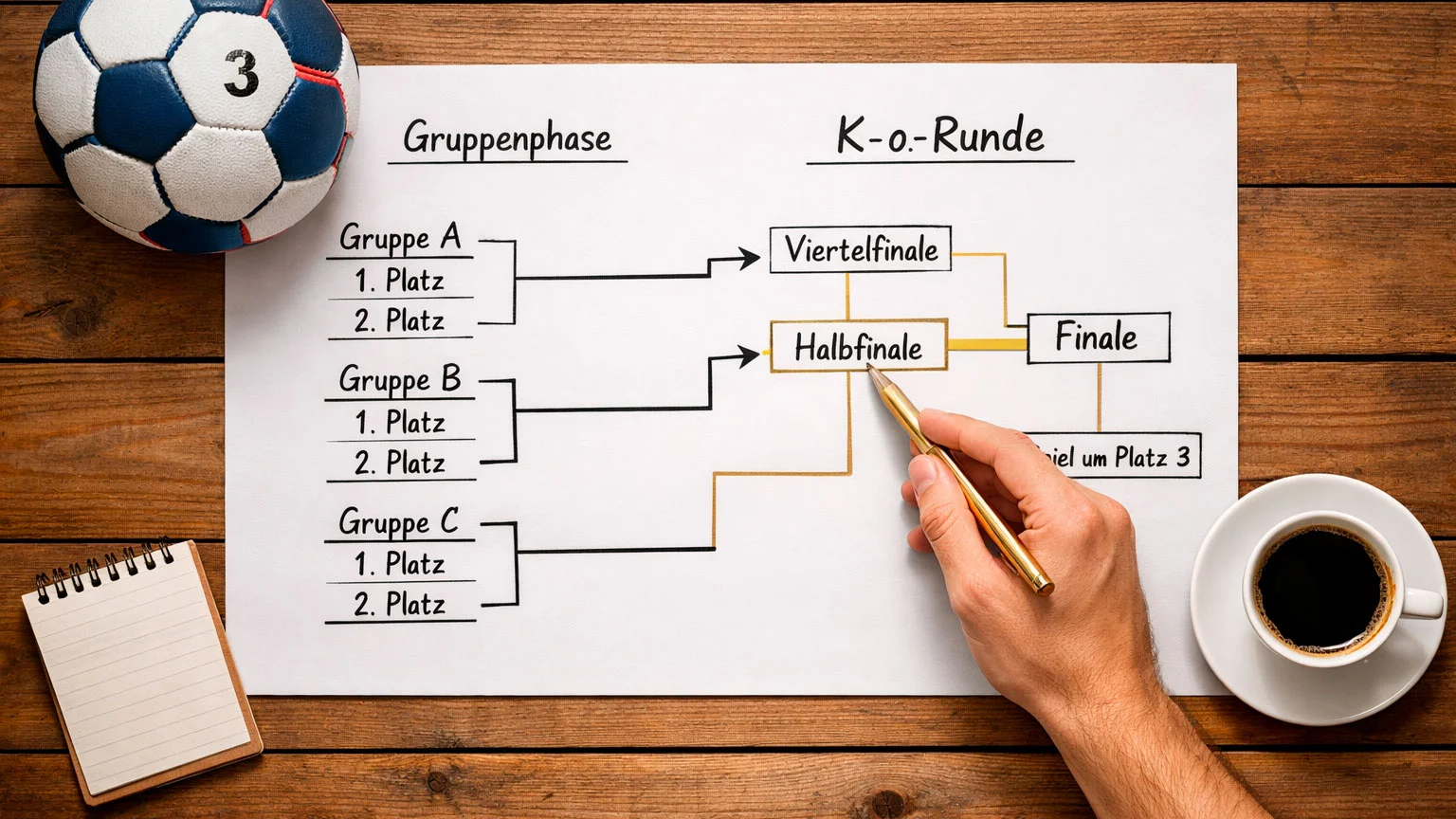 Visualisierung der Turnierstruktur mit Gruppenphase und K.o.-Runde im Handball