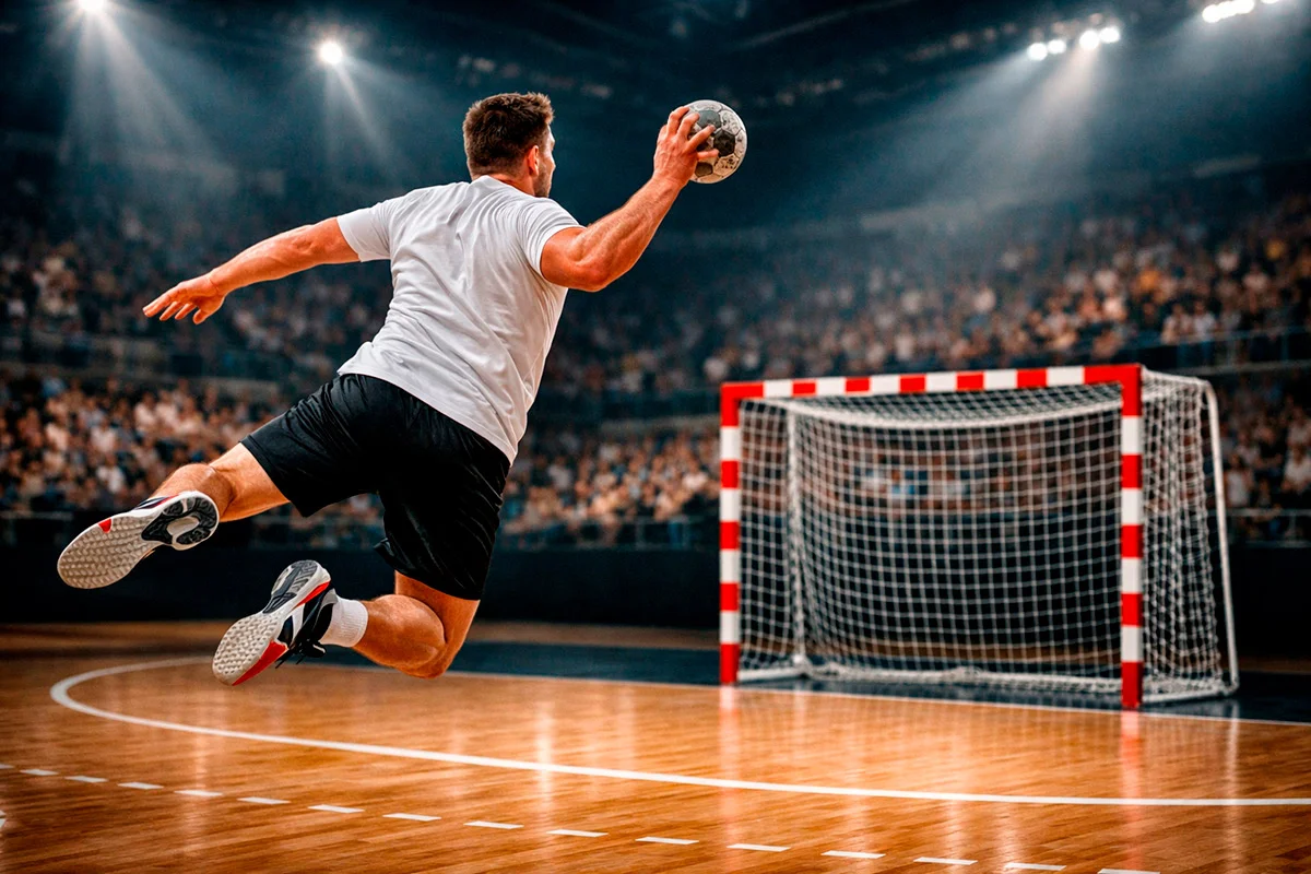 Handball-Spieler beim Torwurf in einer Champions-League-Halle